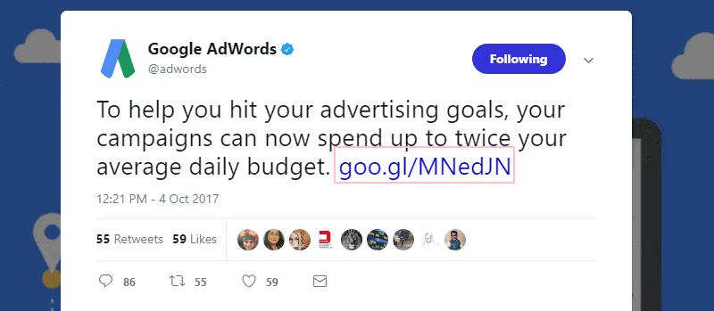 Tweet from Google AdWords describing how campaigns can technically spend up to 2x daily budget