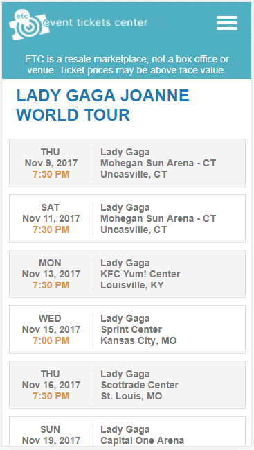 Events Ticket Center AMP Page