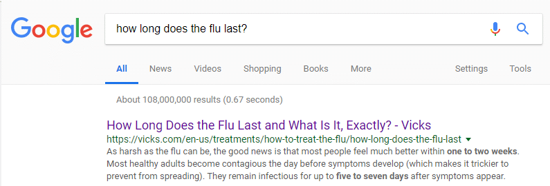 Google result for how long does the flu last?