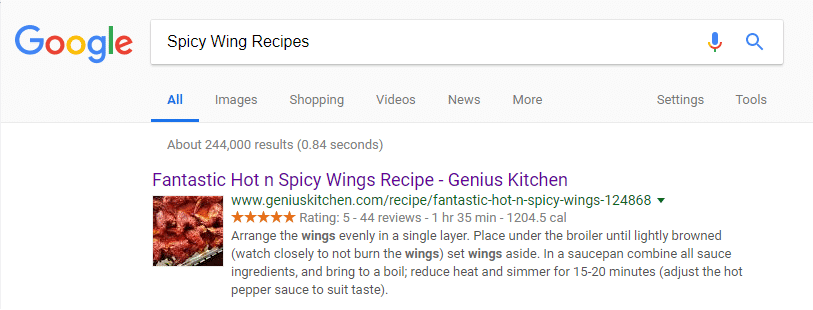 Google Result for Spicy Wing Recipes