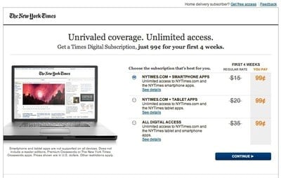 An older version of the New York Times paywall layout