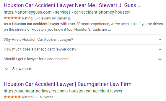 Google search result page for "Houston Car Accident Lawyer"