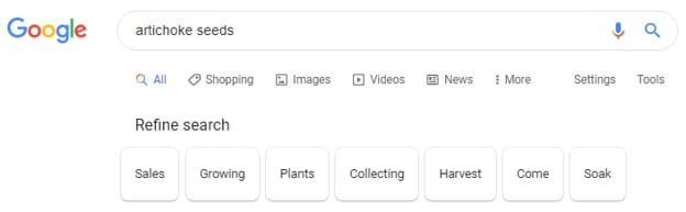 Refine search results bar on Google