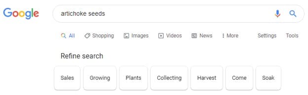 Refine search results bar on Google