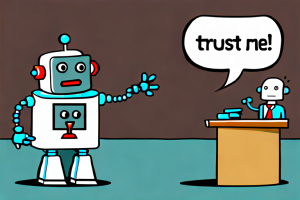 A robot dressed as a lawyer saying trust me.