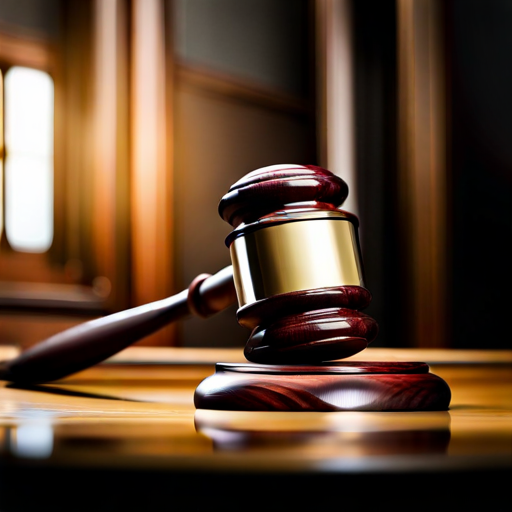 A gavel resting on a table in an empty courtroom.