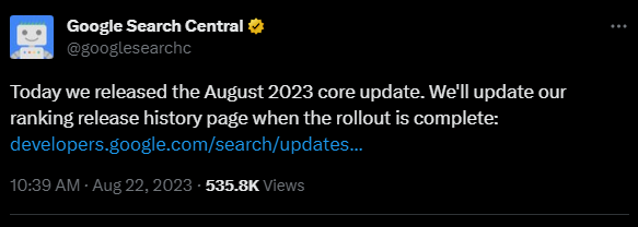 Google Tweet for August 2023 core update
