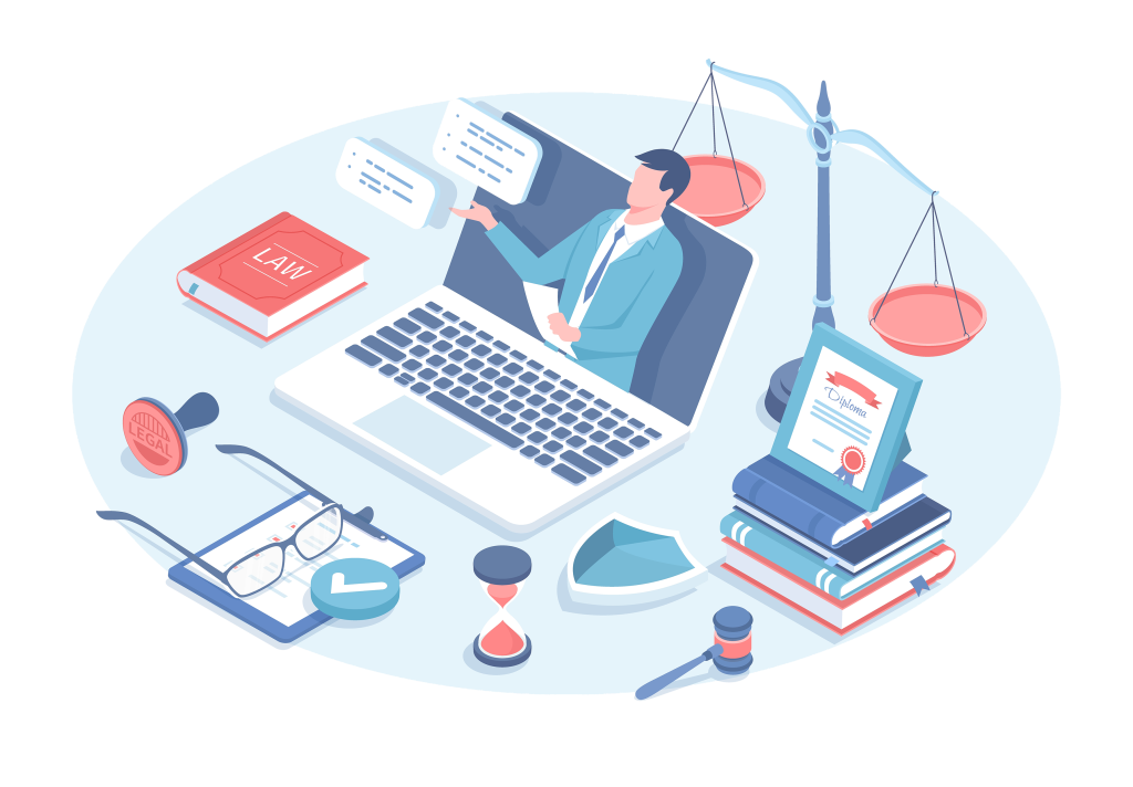 Illustration of laptop with legal icons around it