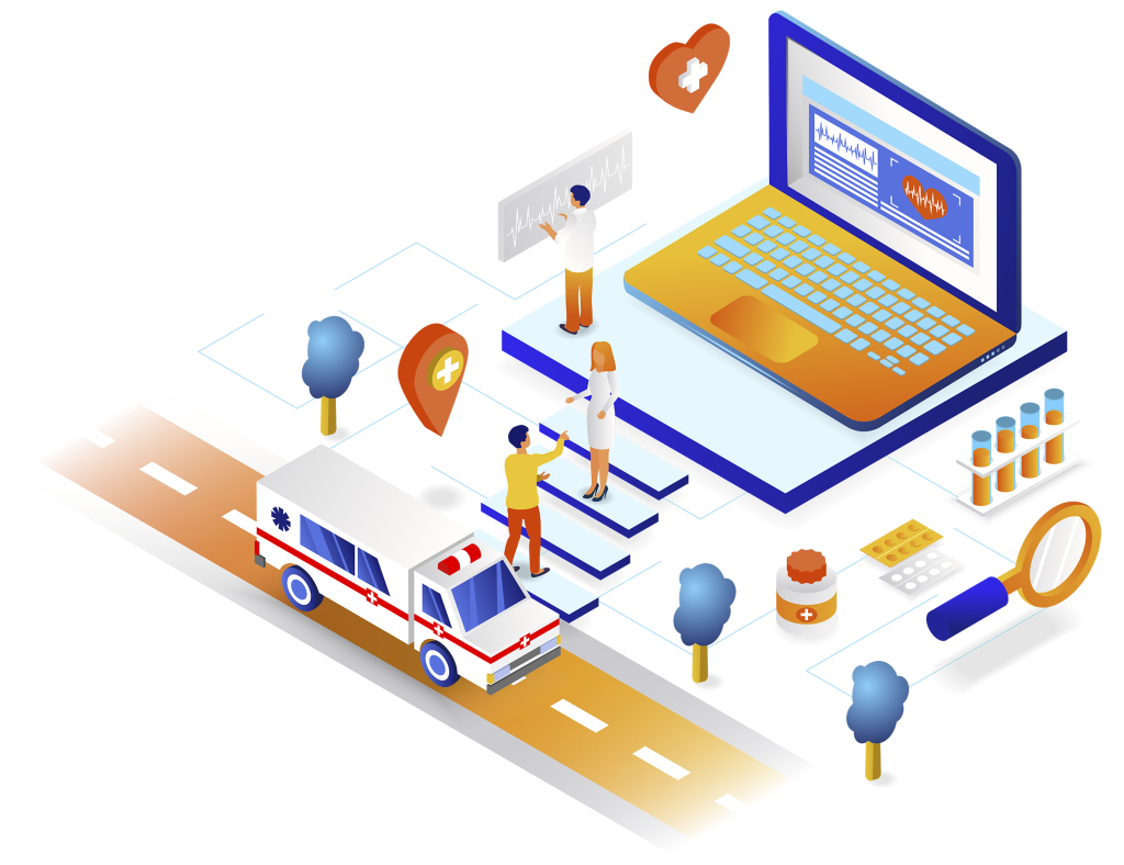 Illustration of a computer with various medical items surrounding it