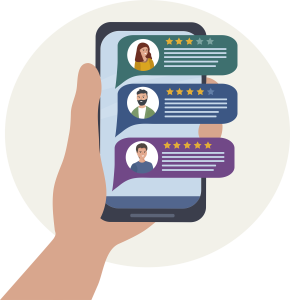 hand holding phone with reviews