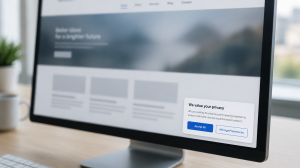 Website on a monitor with a cookie consent banner in focus, offering "Accept All" and "Manage Preferences" options.